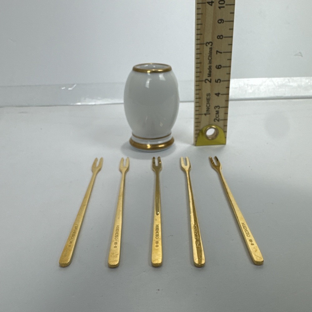 VTG Mikimoto International Gold Tone Appetizer Fork Set 5pc White Porcelain Jar - Picture 3 of 4